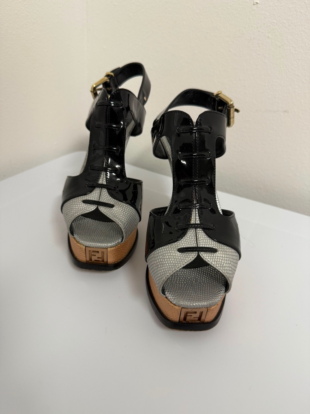 Fendi Black Patent & Silver Mesh Platform T-Strap Sandals with Tan Accent